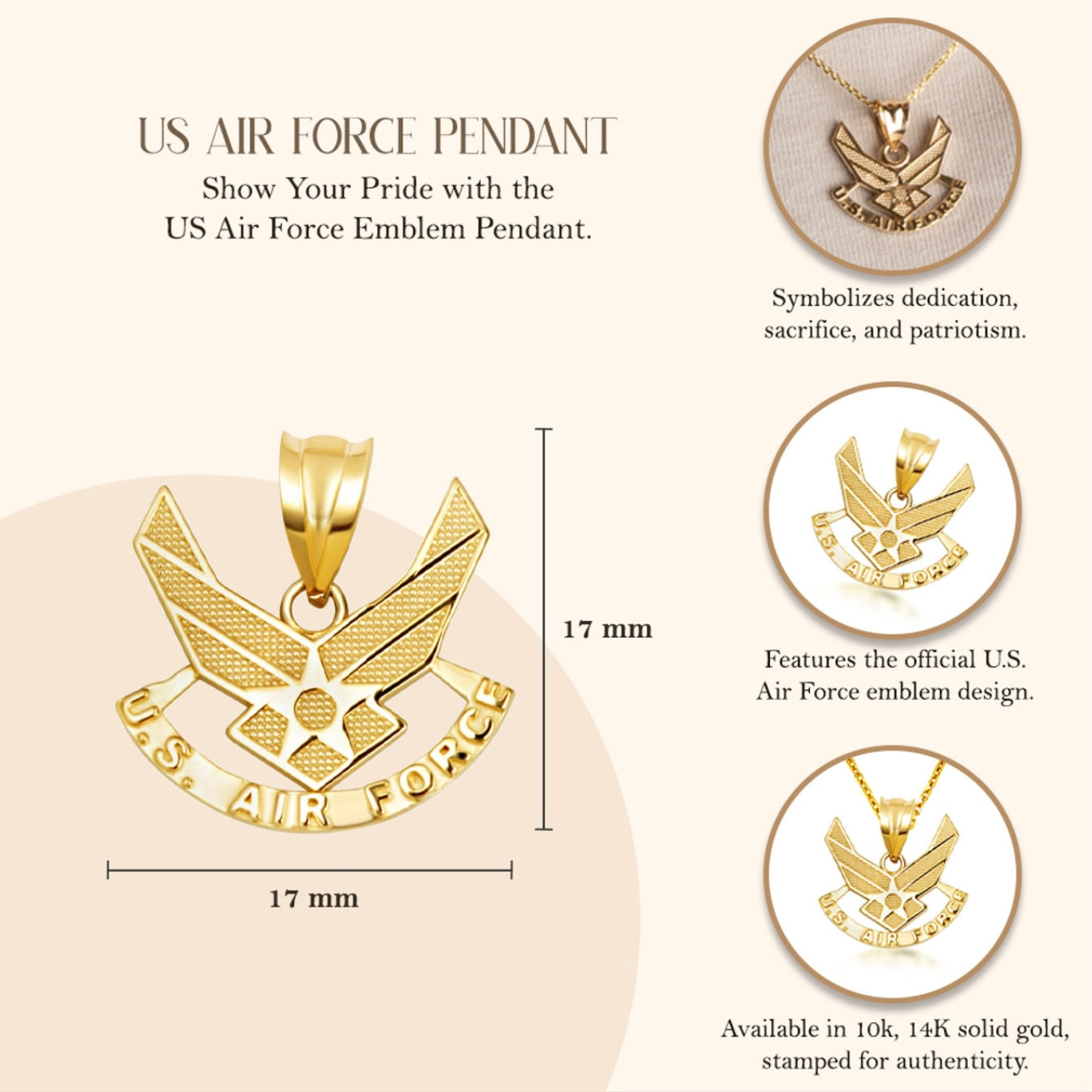 Gold United States Air Force Emblem Officially Licensed Pendant Chain