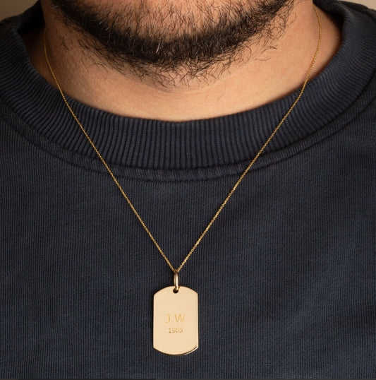 Yellow Gold Engravable Military ID Dog Tag Pendant Chain