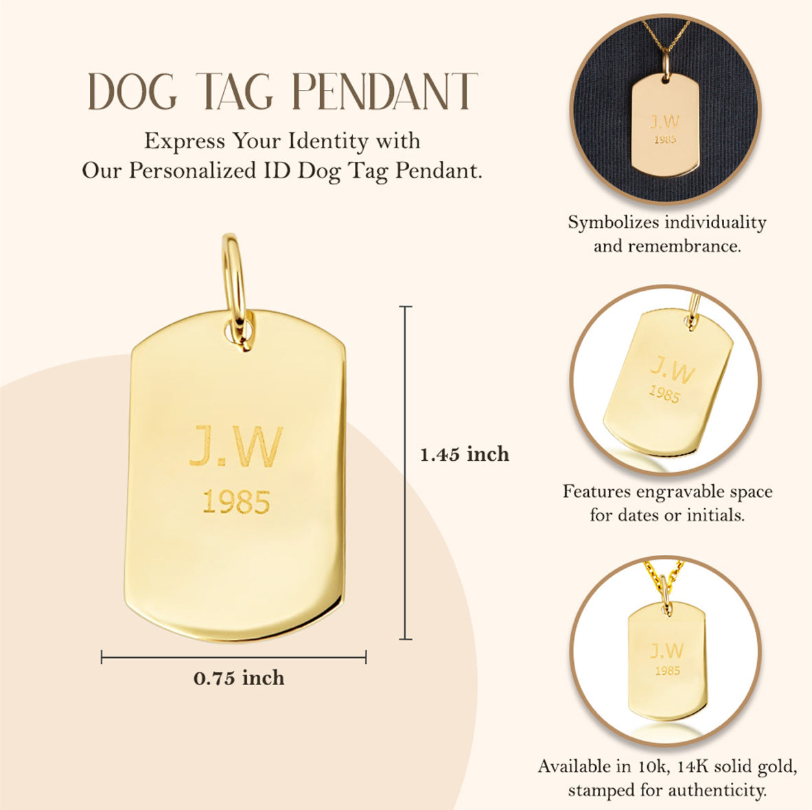 Yellow Gold Engravable Military ID Dog Tag Pendant Chain