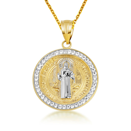 Two-Tone Gold Saint Benedict Cubic Zirconia Halo Medallion Pendant Chain