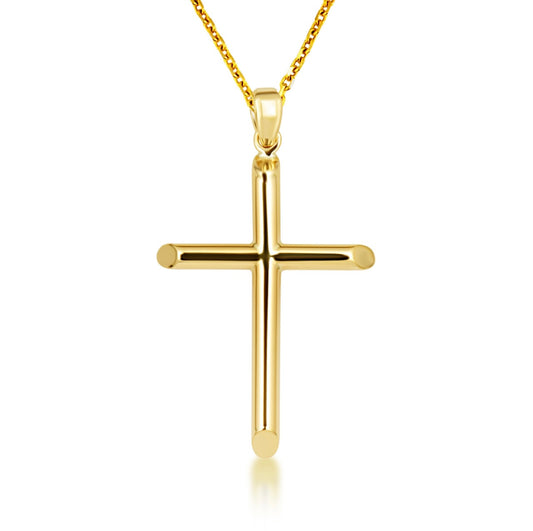 14K Gold Religious Cross Crucifix Tube Pendant Chain