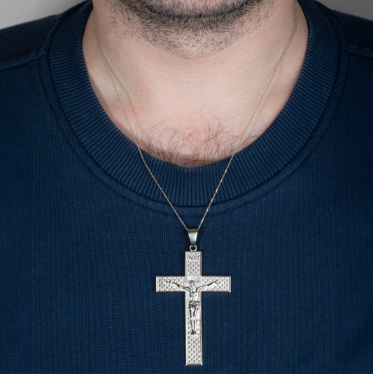 925 Sterling Silver Checkered Cross Pendant Chain