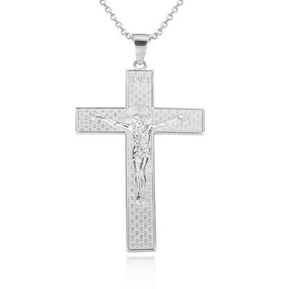 925 Sterling Silver Checkered Cross Pendant & Chain