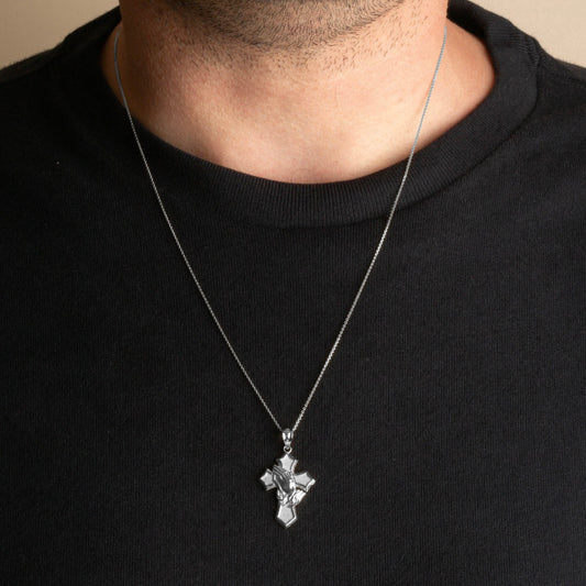 925 Sterling Silver Praying Hands Cross Pendant Chain