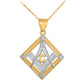 Two-Tone Gold Freemason CZ Square & Compass Diamond Shaped Pendant Chain