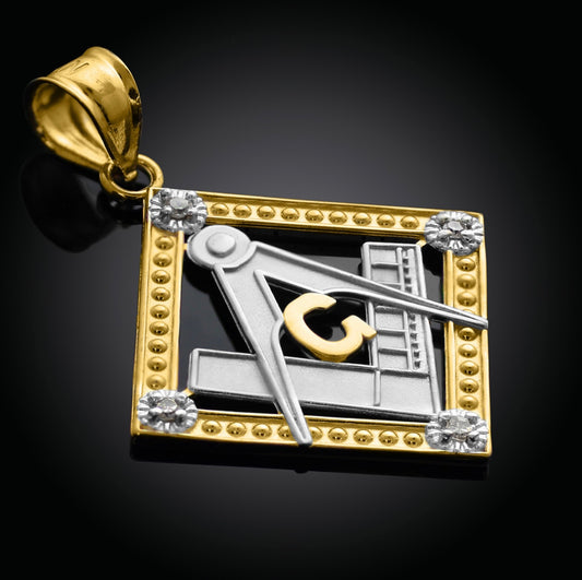 Two-Tone Gold Freemason CZ Square & Compass Diamond Shaped Pendant Chain