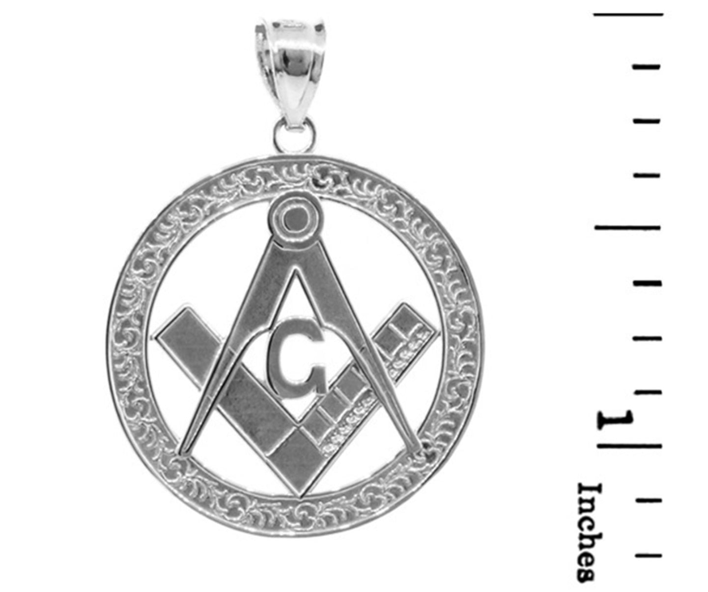 925 Sterling Silver Freemason Square & Compass Round Filigree Pendant