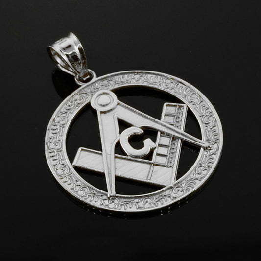 925 Sterling Silver Freemason Square & Compass Round Filigree Pendant