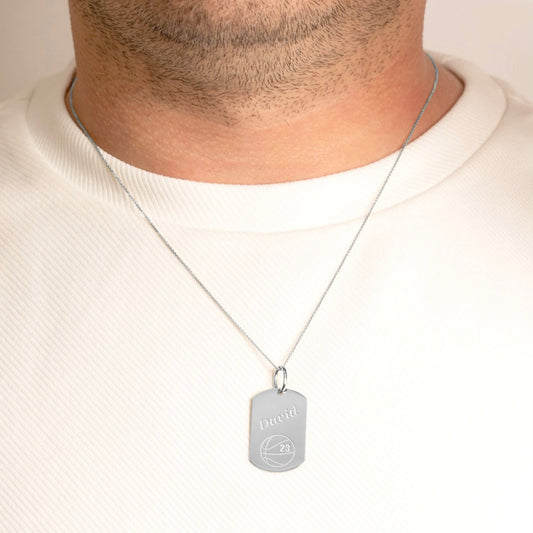 925 Sterling Silver Engravable Basketball Sports Dog Tag Pendant Chain