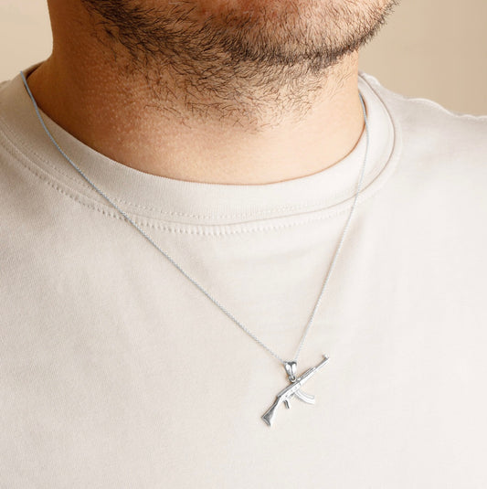 925 Sterling Silver AK-47 Assault Rifle Gun Pendant and Chain