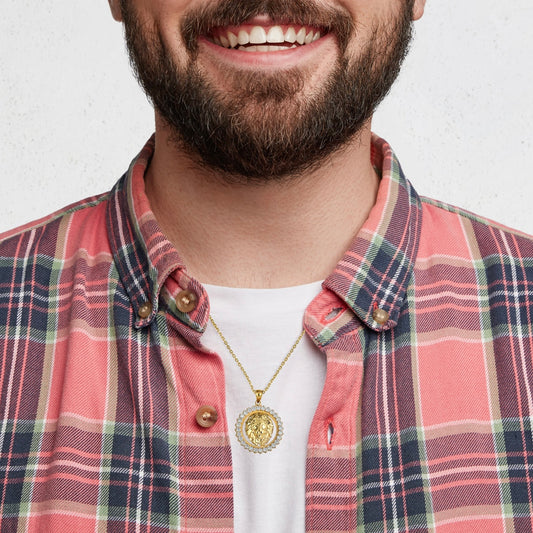 Gold Lion Head Round Cubic Zirconia Pendant Chain