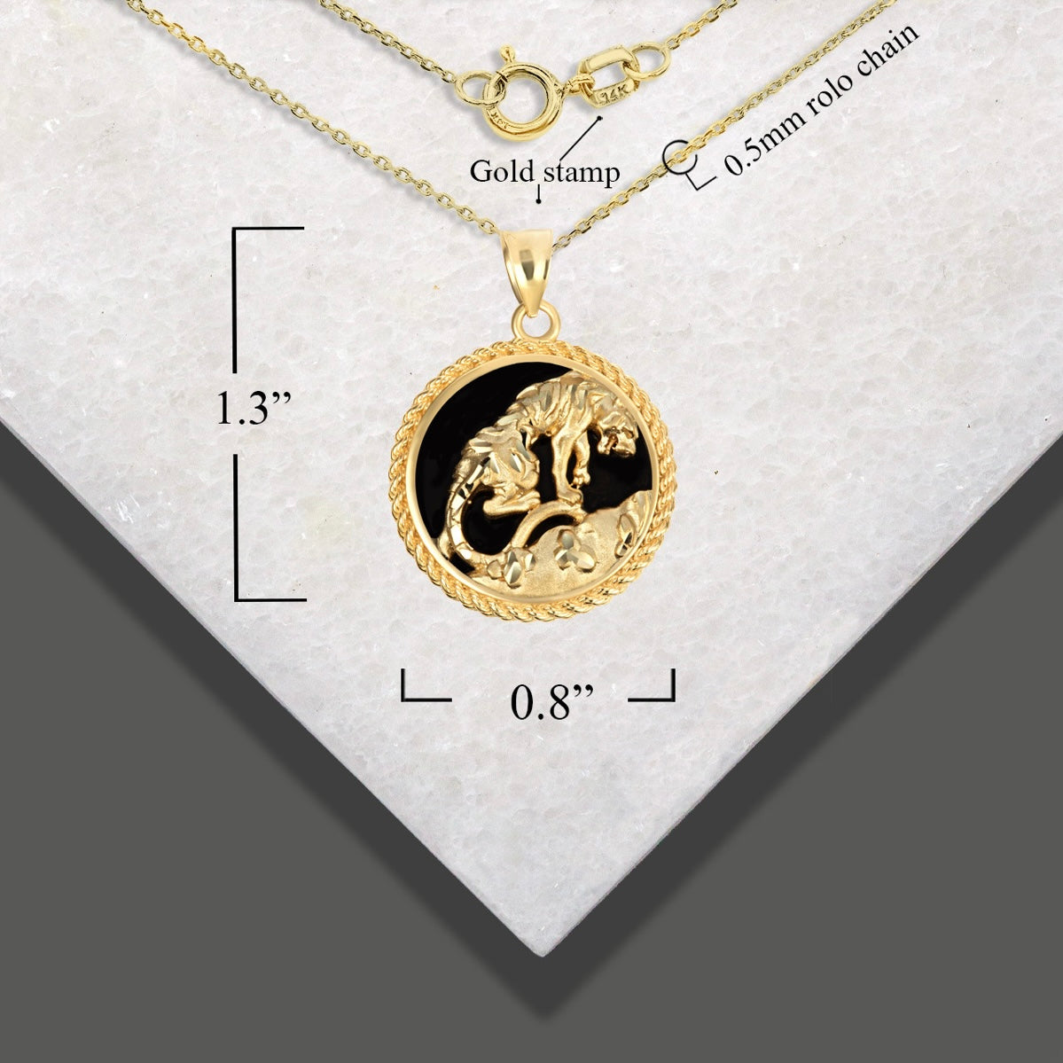 Gold Black Onyx Tiger Diamond Cut Rope Pendant Chain