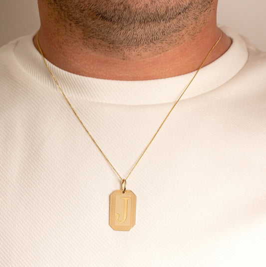 Gold Personalized Letter "A-Z" Initial Greek Key Dog Tag Pendant Chain