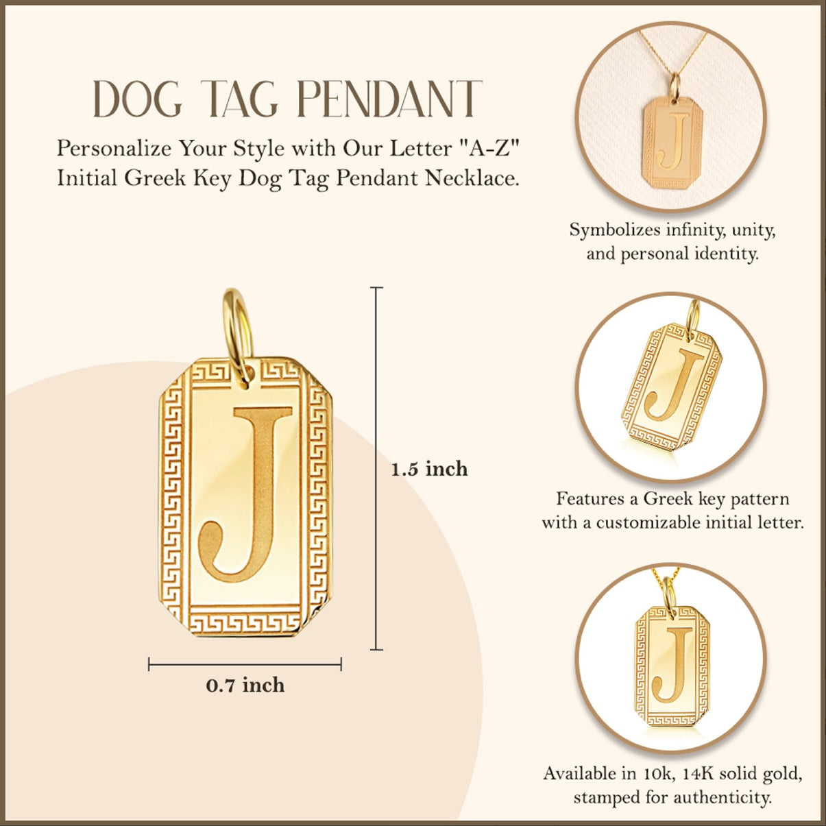 Gold Personalized Letter "A-Z" Initial Greek Key Dog Tag Pendant Chain
