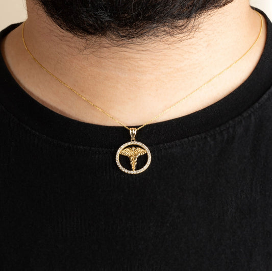 Solid Gold Medical Caduceus Staff Diamond Halo Pendant Chain
