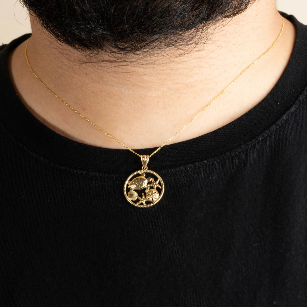 Gold Sea Shell Turtle & Starfish Marine Life Rope Pendant Chain