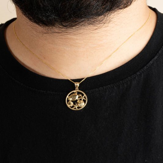 Gold Sea Shell Turtle & Starfish Marine Life Rope Pendant Chain