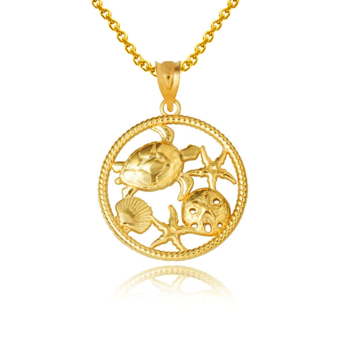 Gold Sea Shell Turtle & Starfish Marine Life Rope Pendant Chain
