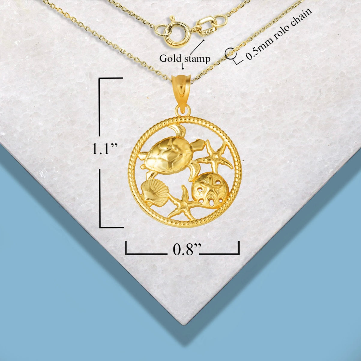 Gold Sea Shell Turtle & Starfish Marine Life Rope Pendant Chain