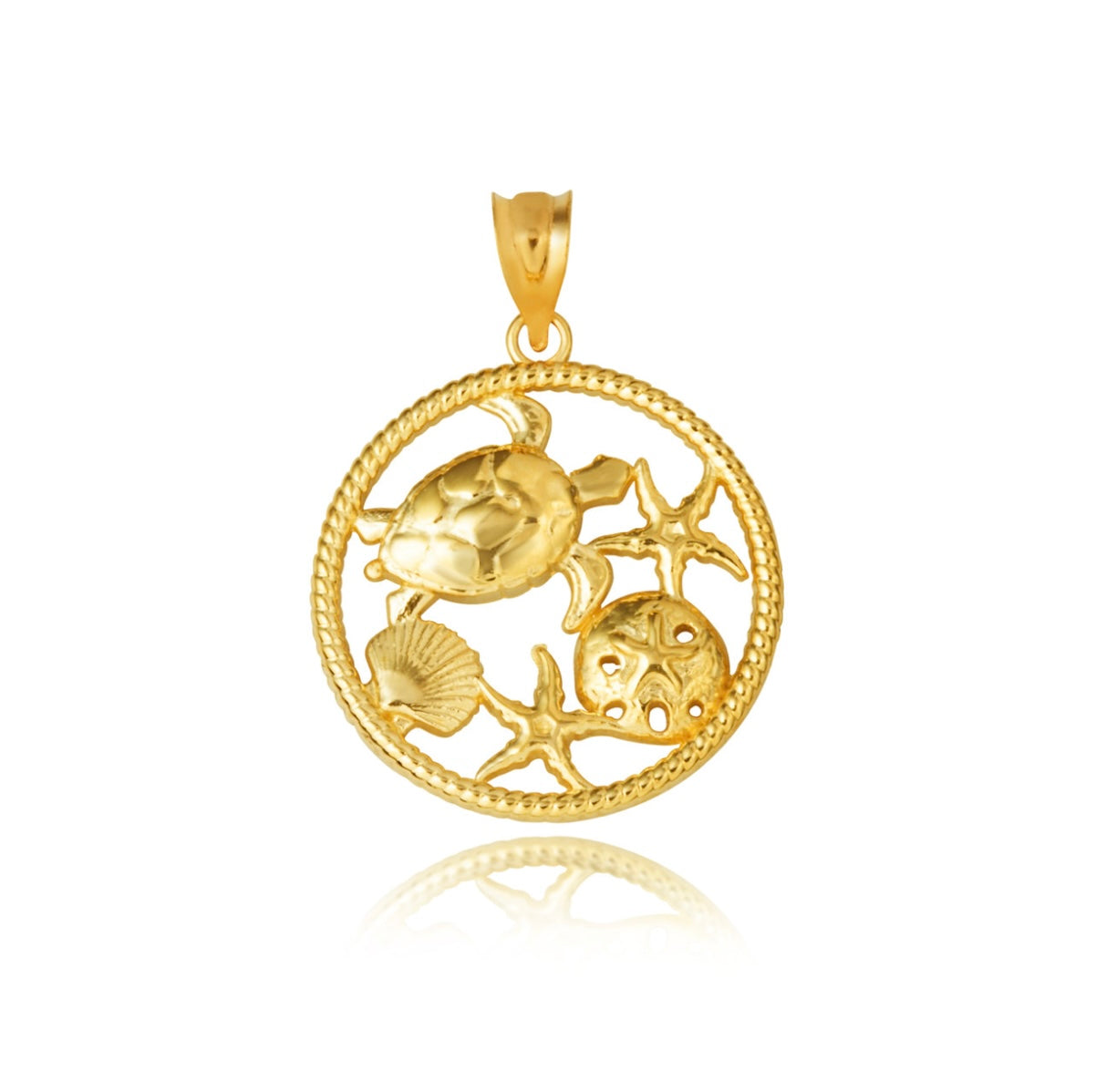 Gold Sea Shell Turtle & Starfish Marine Life Rope Pendant Chain