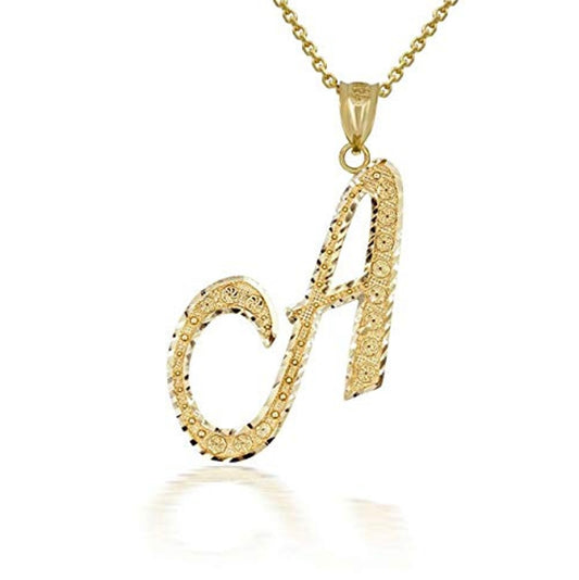 Solid Gold Script Cursive Initial "A-Z" Pendant Chain