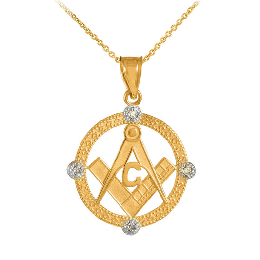 Solid Gold Freemason Diamond Square & Compass Round Beaded Pendant Chain