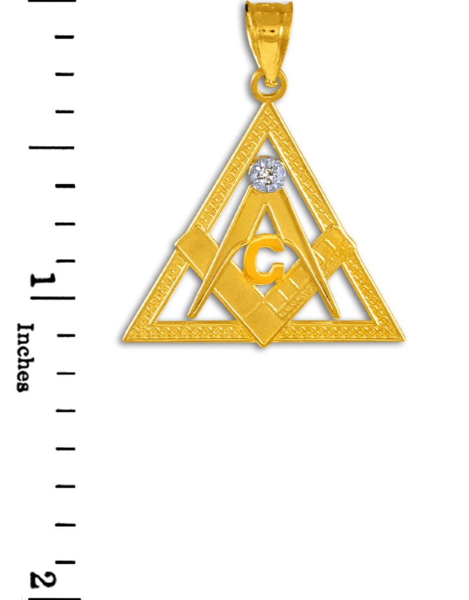 Gold Freemason Square & Compass CZ Eye Of Providence Triangle Pendant Chain