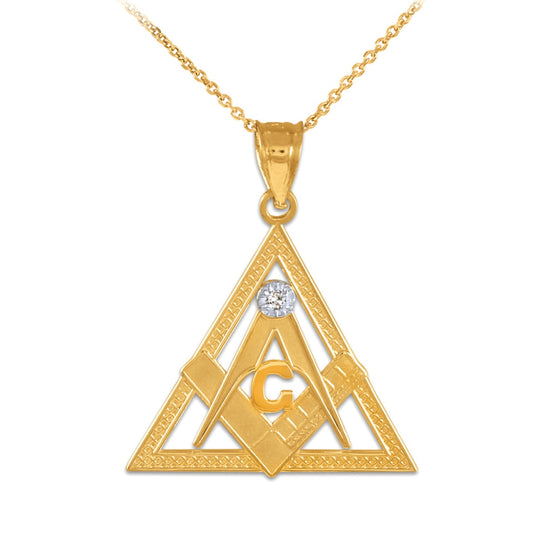 Gold Freemason Square & Compass CZ Eye Of Providence Triangle Pendant Chain