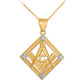 Yellow Gold Freemason CZ Square & Compass Diamond Shaped Pendant Chain