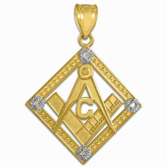 Yellow Gold Freemason CZ Square & Compass Diamond Shaped Pendant Chain