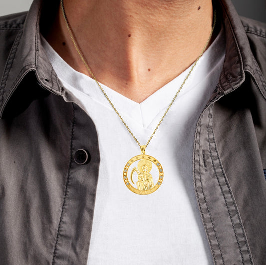 Gold Cubic Zirconia Santa Muerte Grim Reaper Round Pendant Chain