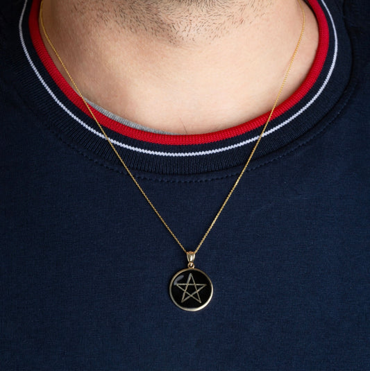 Gold Enamel Wiccan 5 Point Star Pentagram Medallion Pendant Chain