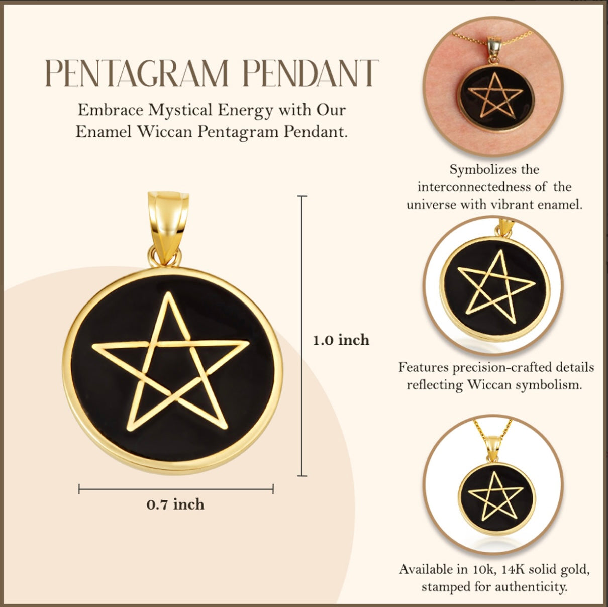 Gold Enamel Wiccan 5 Point Star Pentagram Medallion Pendant Chain