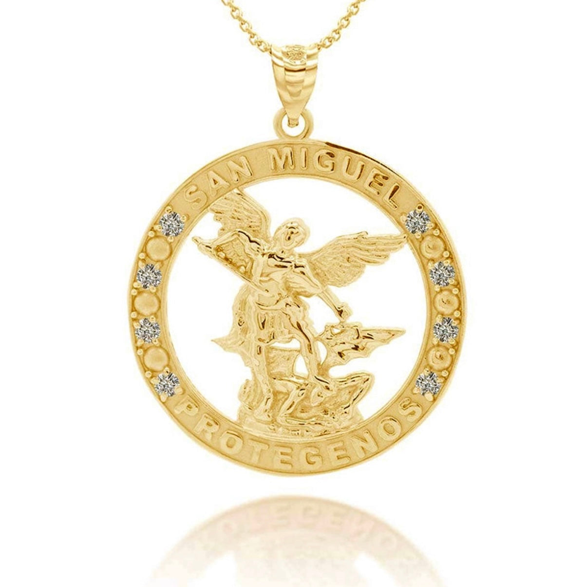 Gold Cubic Zirconia Patron Saint Michael Archangel Round Pendant Chain