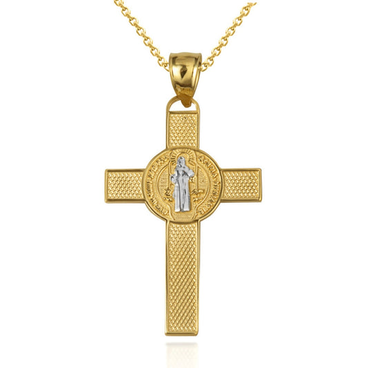 Two-Tone Gold Saint Benedict Medal Cross Textured Pendant Chain