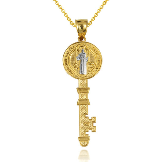 Two-Tone Gold Saint Benedict Medal Key Textured Pendant Chain
