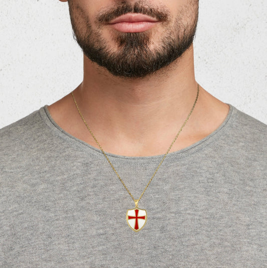 Solid Gold Medieval Knight Crusader Cross Shield Enamel Pendant Chain