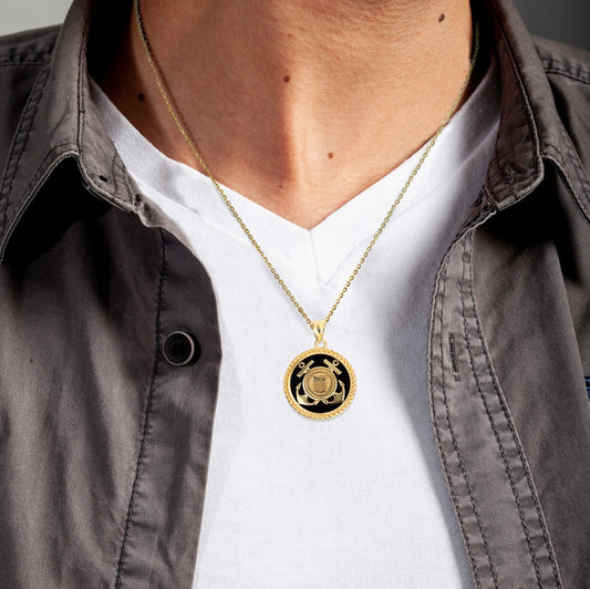 Gold Black Onyx Anchors United States Coast Guard Seal Pendant Chain