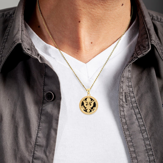 Gold Black Onyx American Eagle United States Seal Rope Medallion Pendant Chain