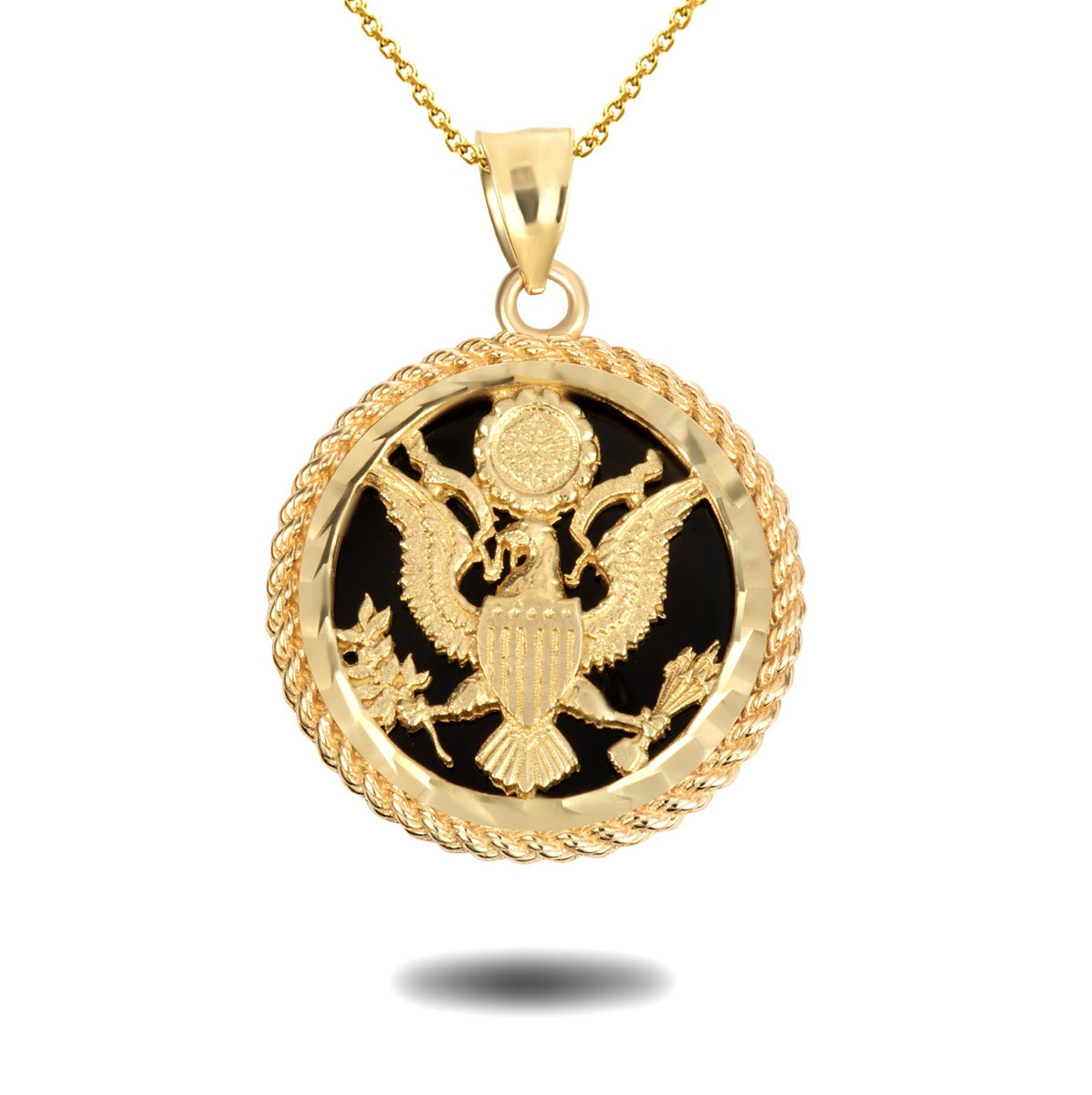 Gold Black Onyx American Eagle United States Seal Rope Medallion Pendant Chain
