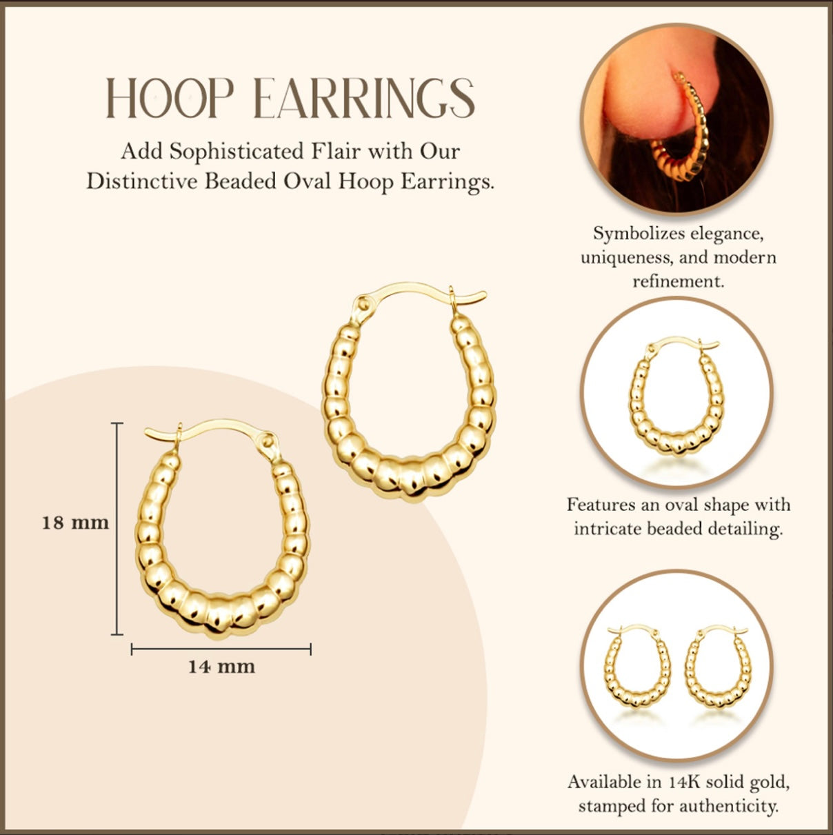 Yellow-Gold Beaded Oval Hoop Earrings