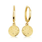 Yellow-Gold Flower Textured Diamond Cut Round Drop Huggie Hoop Earrings