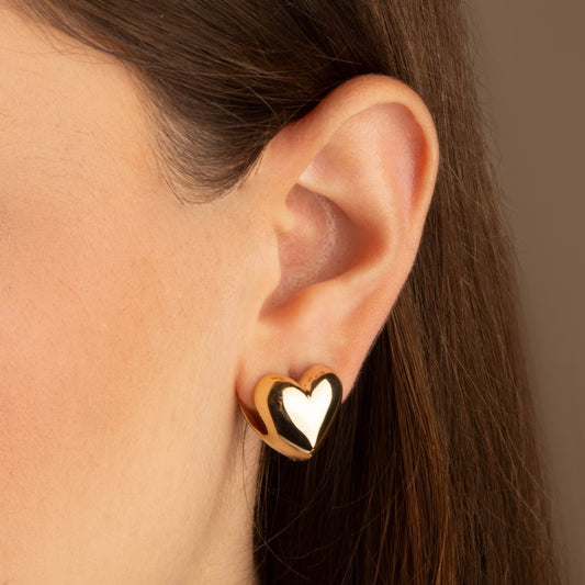 14K Yellow-Gold Puffed Heart Huggie Hoop Earrings
