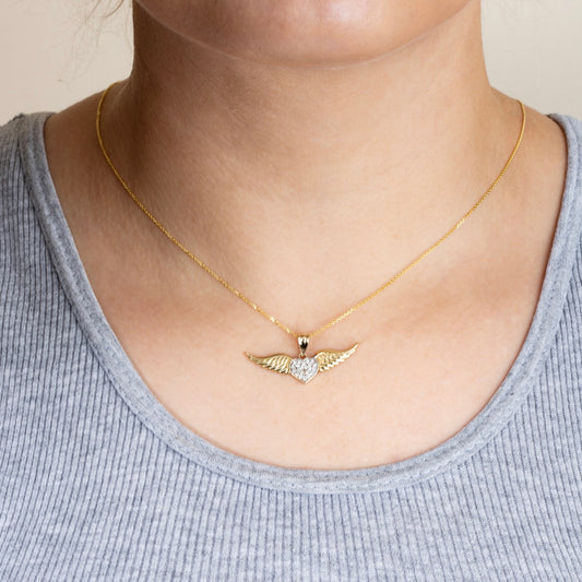 Gold Diamond Studded Winged Heart Pendant Necklace