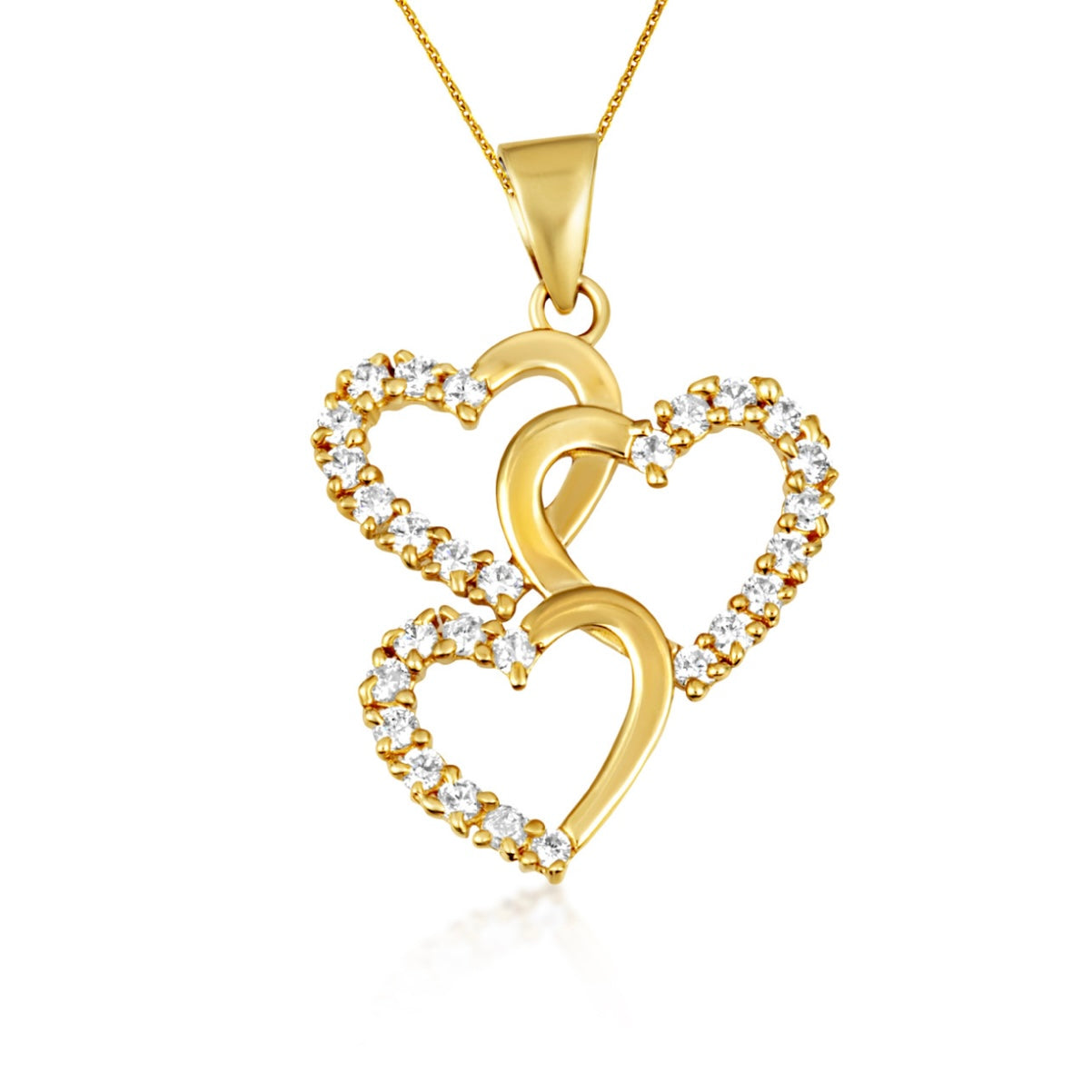 Gold Cubic Zirconia Triple Heart Pendant Necklace