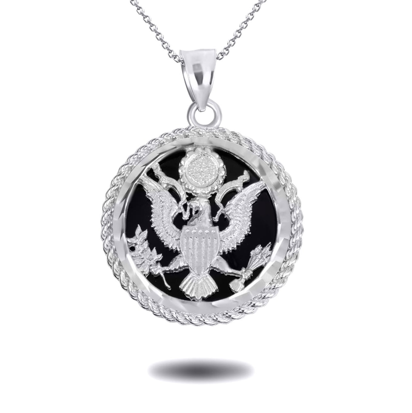925 Sterling Silver Black Onyx Eagle Rope Medallion Pendant Chain