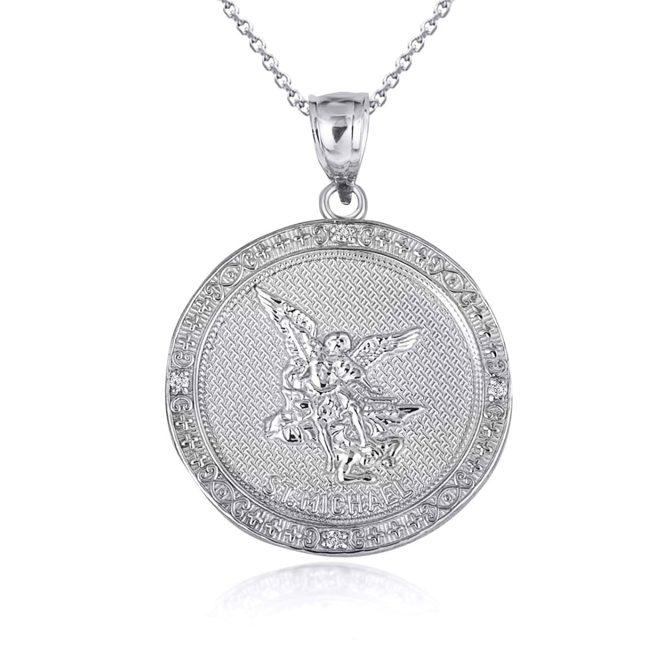 925 Sterling Silver Cubic Zirconia Saint Michael Archangel Beaded Coin Pendant Chain
