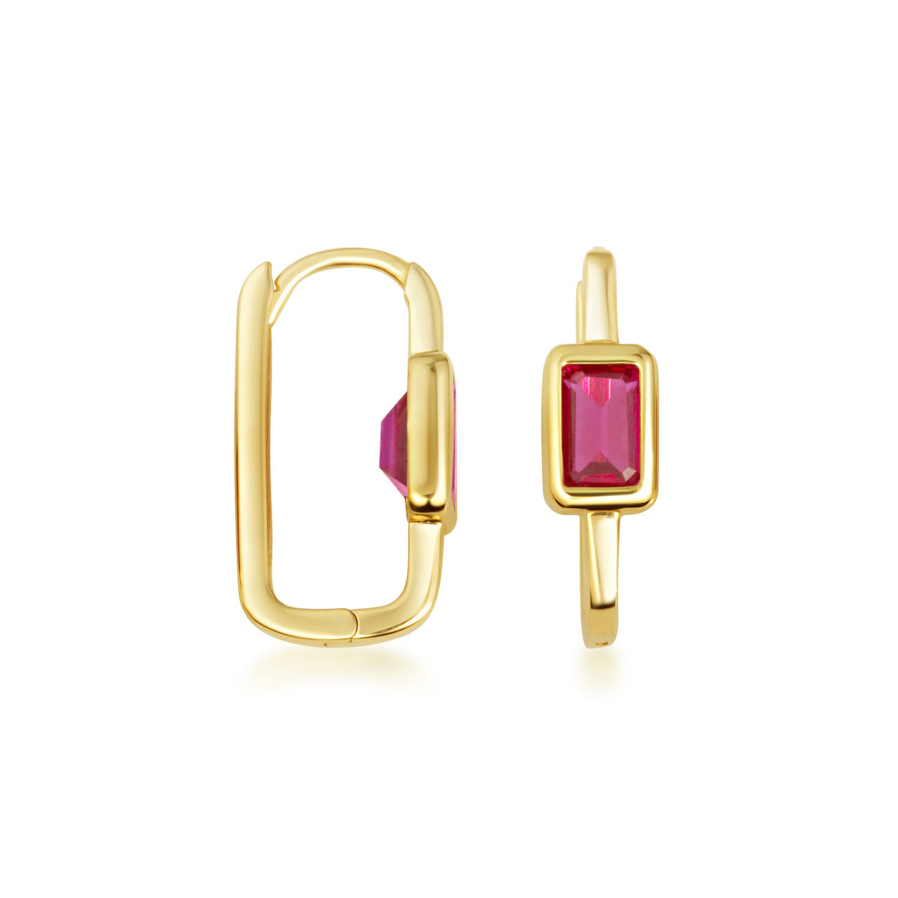 14K Gold Emerald Cut Ruby Birthstone Square Hoop Earrings